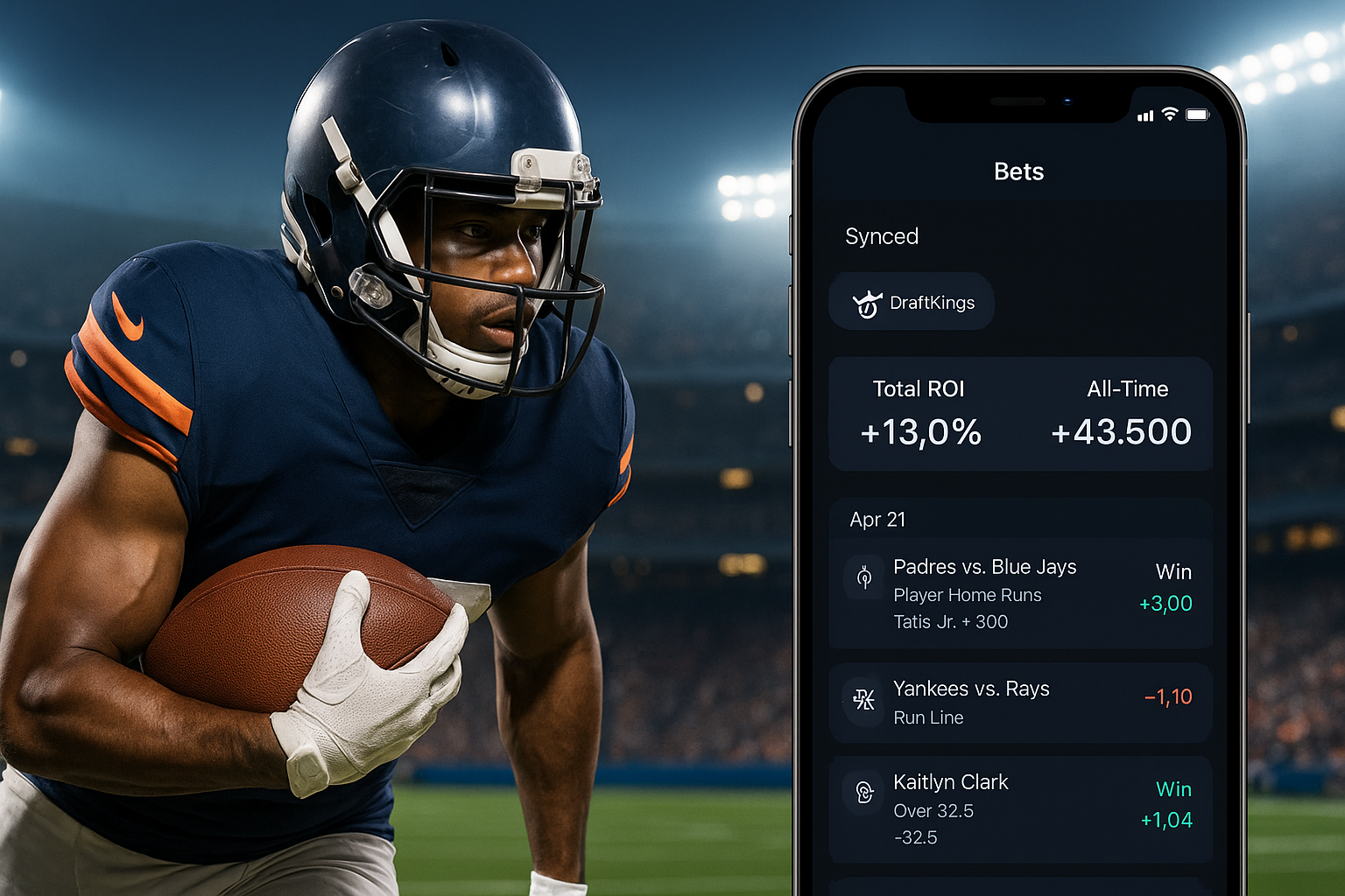 Screenshot of Pikkit app interface showing synced bet history and ROI metrics.